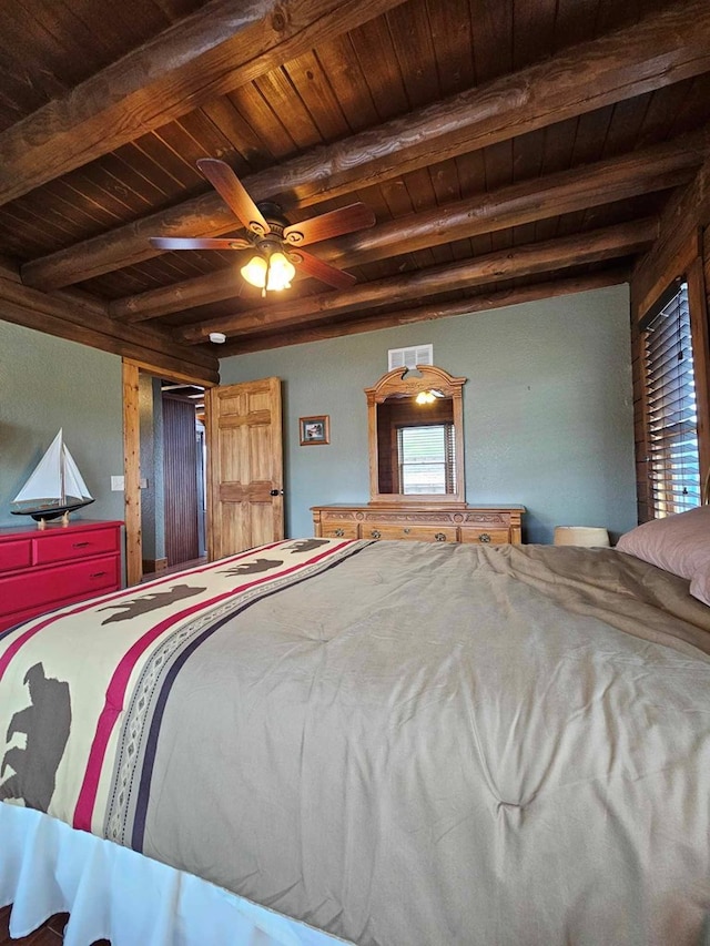 bedroom with beam ceiling, wooden ceiling, and visible vents