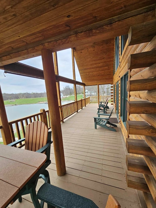 wooden deck with a water view