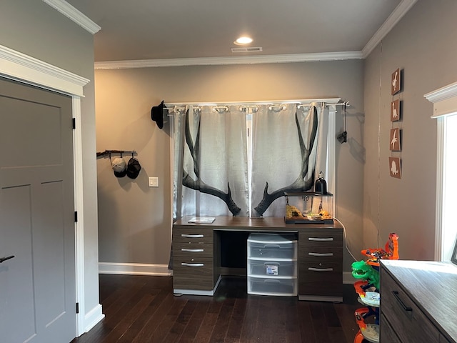 bathroom with hardwood / wood-style floors and ornamental molding