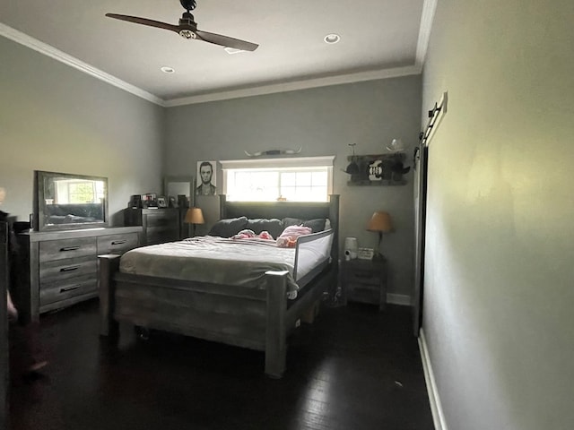 bedroom featuring multiple windows, ceiling fan, dark hardwood / wood-style flooring, and ornamental molding