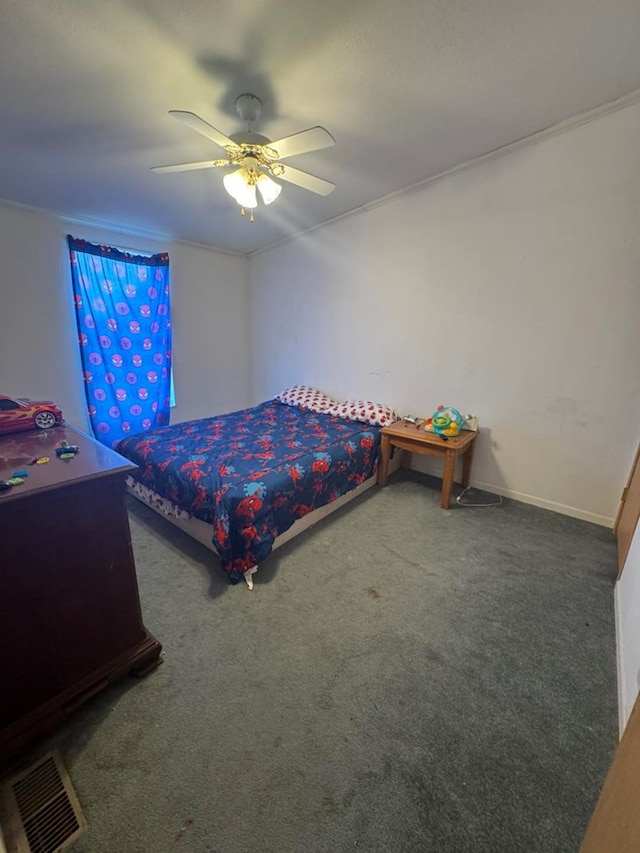 carpeted bedroom featuring ceiling fan