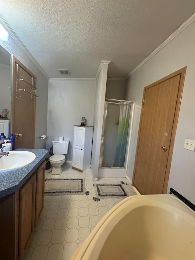 bathroom featuring walk in shower, a textured ceiling, toilet, vanity, and ornamental molding