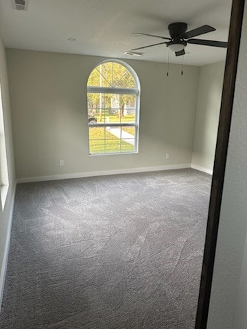 spare room with carpet, plenty of natural light, and ceiling fan