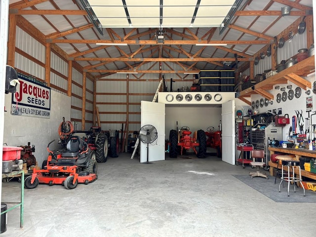 garage with a workshop area