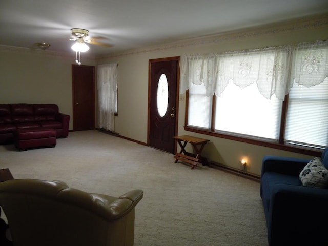 living room featuring light colored carpet and ceiling fan