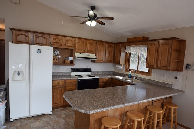 kitchen featuring open shelves, under cabinet range hood, white refrigerator with ice dispenser, electric stove, and a sink