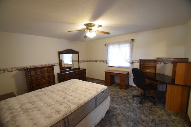 bedroom featuring dark carpet and ceiling fan