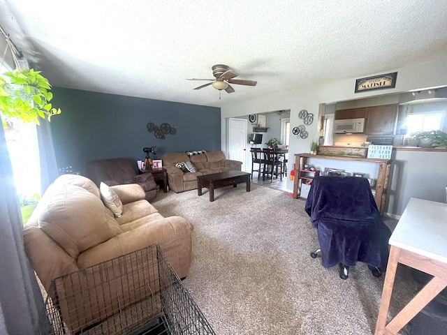 living area with a textured ceiling, a ceiling fan, and carpet floors