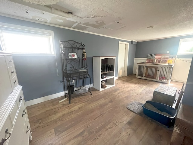 interior space with crown molding, baseboards, wood finished floors, and a textured ceiling