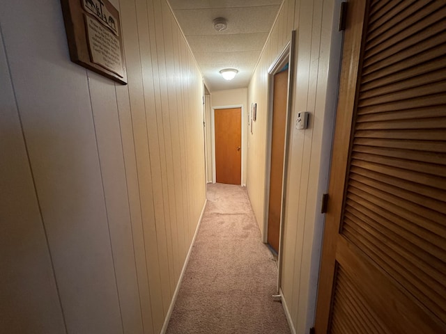 corridor with light carpet and wooden walls