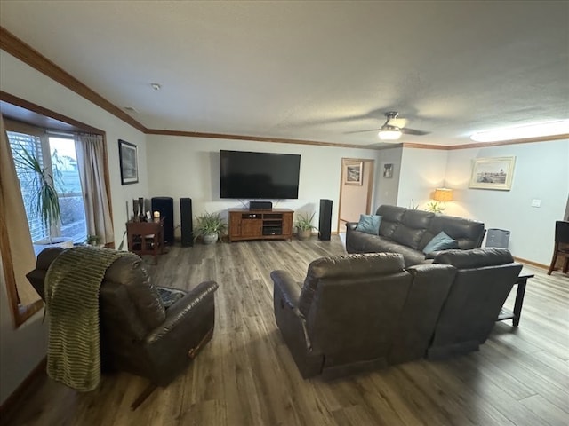 living room with ceiling fan, crown molding, and wood-type flooring