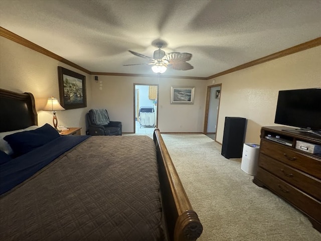 bedroom featuring a textured ceiling, ceiling fan, crown molding, and light colored carpet