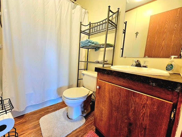 bathroom with vanity, wood-type flooring, and toilet