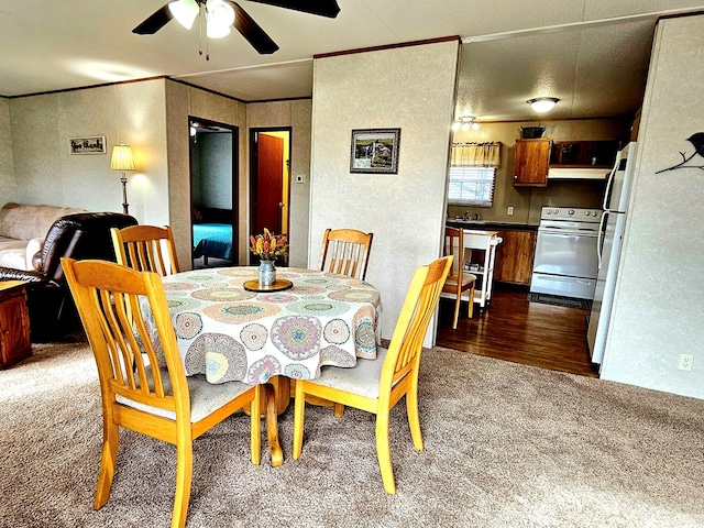 carpeted dining space with ceiling fan