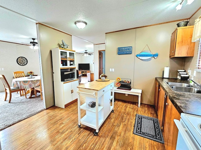 kitchen featuring sink, range, crown molding, a textured ceiling, and light wood-type flooring