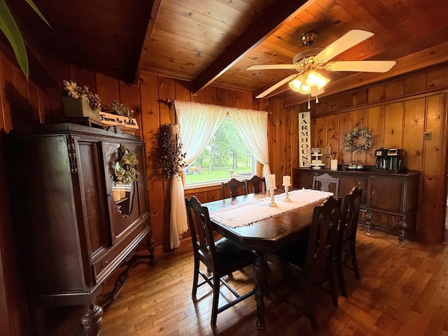 64234 Hwy 6, Green Castle, MO 63544 - dining area featuring a wood ceiling with exposed beams, hardwood / wood-style flooring, wood walls, and ceiling fan