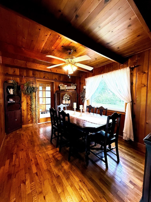64234 Hwy 6, Green Castle, MO 63544 - dining area featuring wooden walls, wood-type flooring, healthy amount of natural light, a wooden ceiling with exposed beams, and ceiling fan