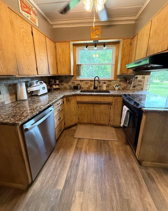 64234 Hwy 6, Green Castle, MO 63544 - kitchen with dishwasher, black range with electric cooktop, under cabinet range hood, wood finished floors, and ornamental molding