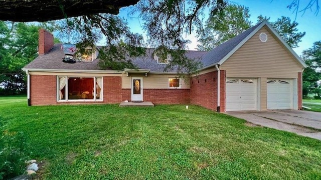 64234 Hwy 6, Green Castle, MO 63544 - view of front of house with brick siding, a chimney, an attached garage, and a front lawn
