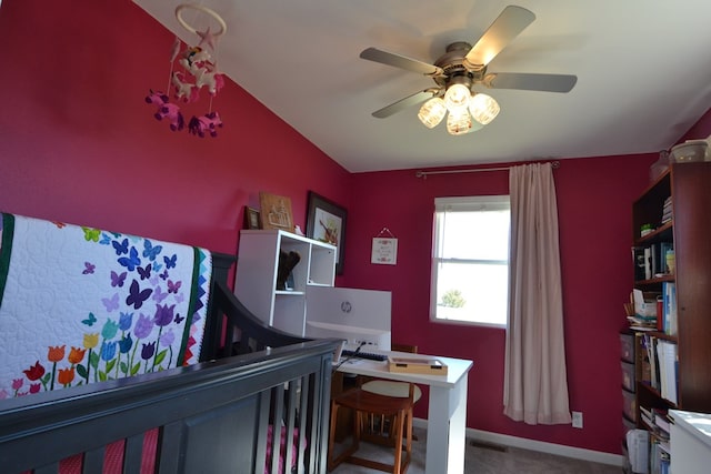 carpeted bedroom featuring vaulted ceiling, baseboards, a ceiling fan, and visible vents
