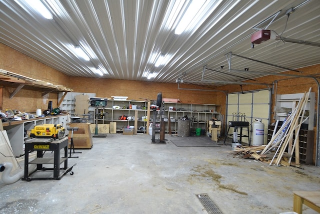 garage with a workshop area