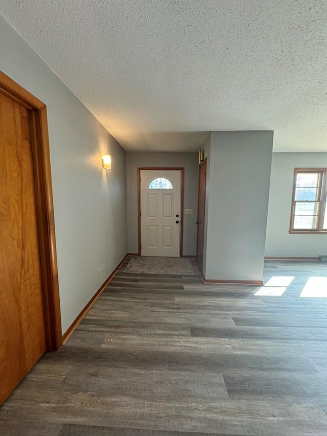 foyer featuring a textured ceiling, baseboards, and wood finished floors