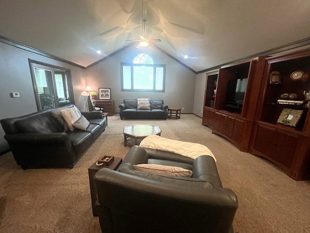 living area with light colored carpet, a ceiling fan, and lofted ceiling