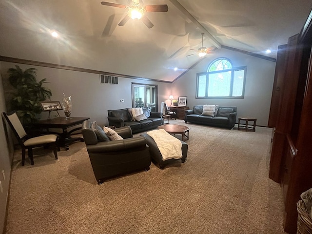 carpeted living area featuring lofted ceiling with beams, a ceiling fan, and visible vents