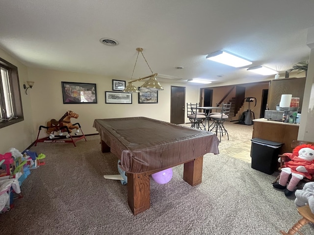 rec room featuring light colored carpet, billiards, and visible vents
