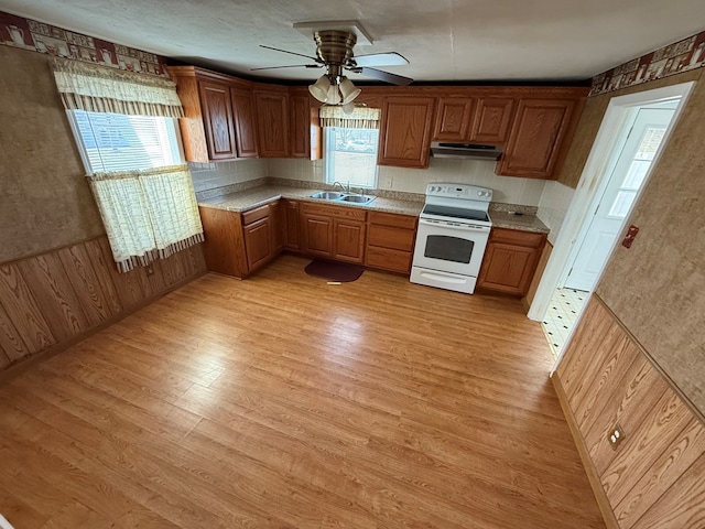 kitchen with a wealth of natural light, electric stove, under cabinet range hood, and a sink