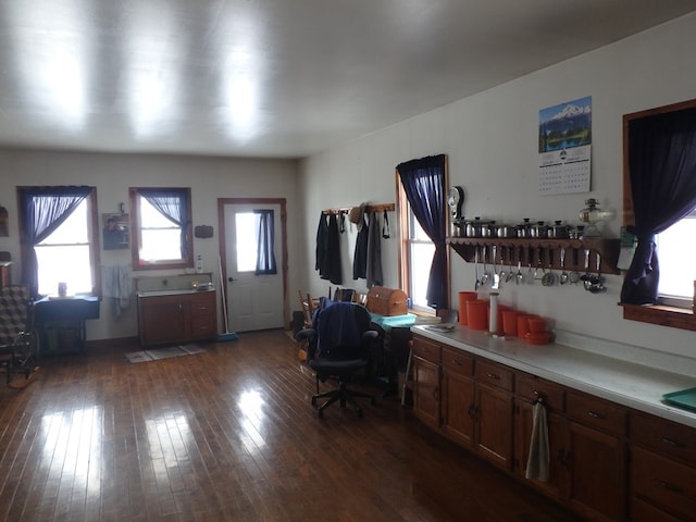 office with dark hardwood / wood-style flooring