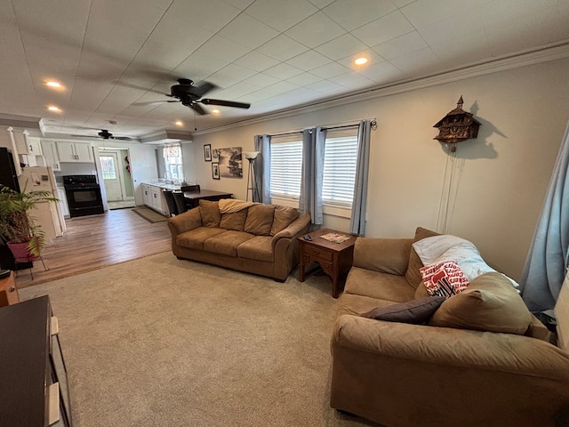 712 W Shelby, Kirksville, MO 63501 - living area featuring ornamental molding, a ceiling fan, recessed lighting, and light wood-style flooring