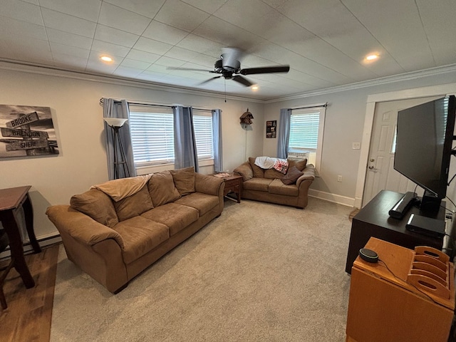 712 W Shelby, Kirksville, MO 63501 - living area featuring ornamental molding, ceiling fan, light colored carpet, and recessed lighting