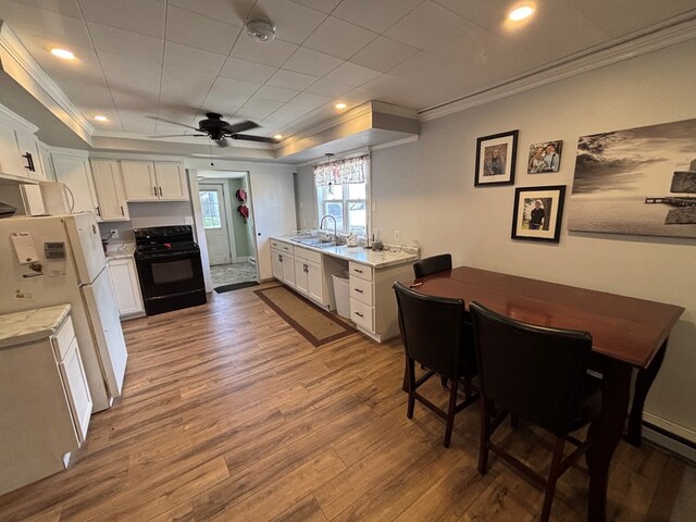 712 W Shelby, Kirksville, MO 63501 - kitchen with black / electric stove, ornamental molding, freestanding refrigerator, light wood-type flooring, and white cabinets