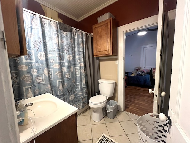 432 Woodrow, Chillicothe, MO 64601 - full bath with toilet, vanity, a shower with curtain, tile patterned flooring, and ornamental molding