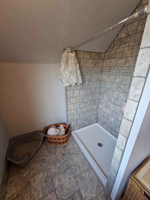 bathroom featuring a textured ceiling, lofted ceiling, and walk in shower