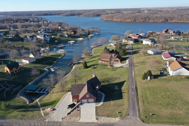 bird's eye view with a water view