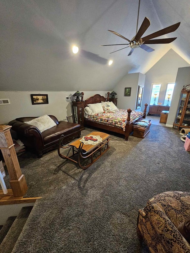 carpeted bedroom featuring vaulted ceiling and ceiling fan