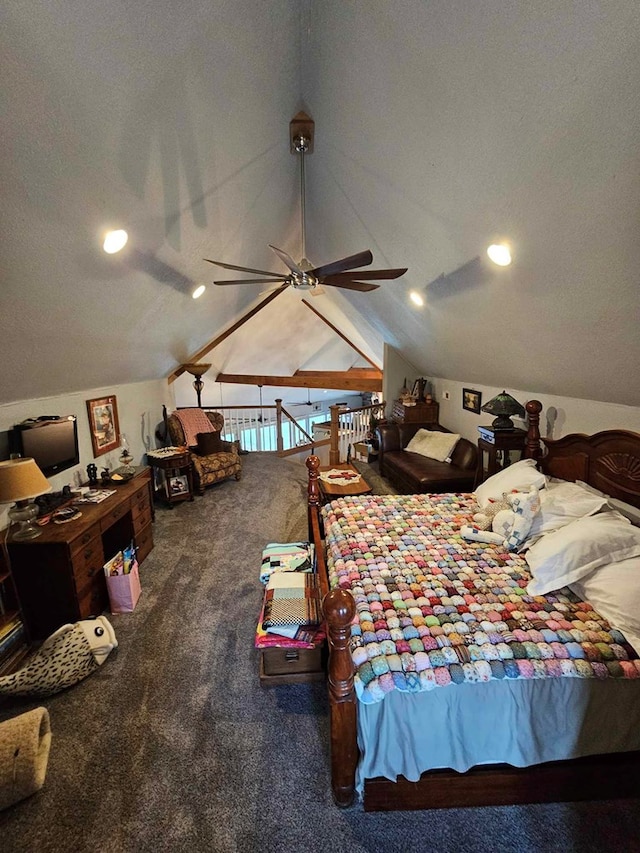 carpeted bedroom featuring a textured ceiling, vaulted ceiling, and ceiling fan