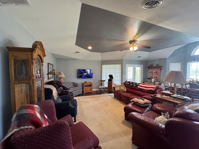 53895 E 3rd St, Milan, MO 63556 - living area with visible vents, a ceiling fan, lofted ceiling, and recessed lighting