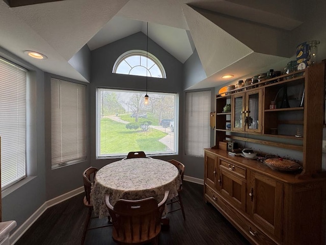 53895 E 3rd St, Milan, MO 63556 - dining space with baseboards, vaulted ceiling, and dark wood finished floors