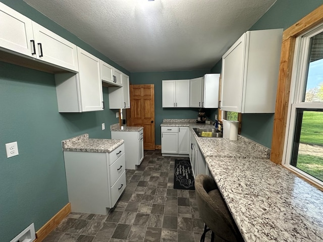 kitchen with baseboards, white cabinetry, visible vents, and plenty of natural light