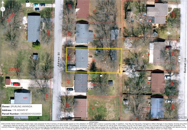 116 Adams St, Centralia, MO 65240 - aerial overview of property's location with property parcel outlined