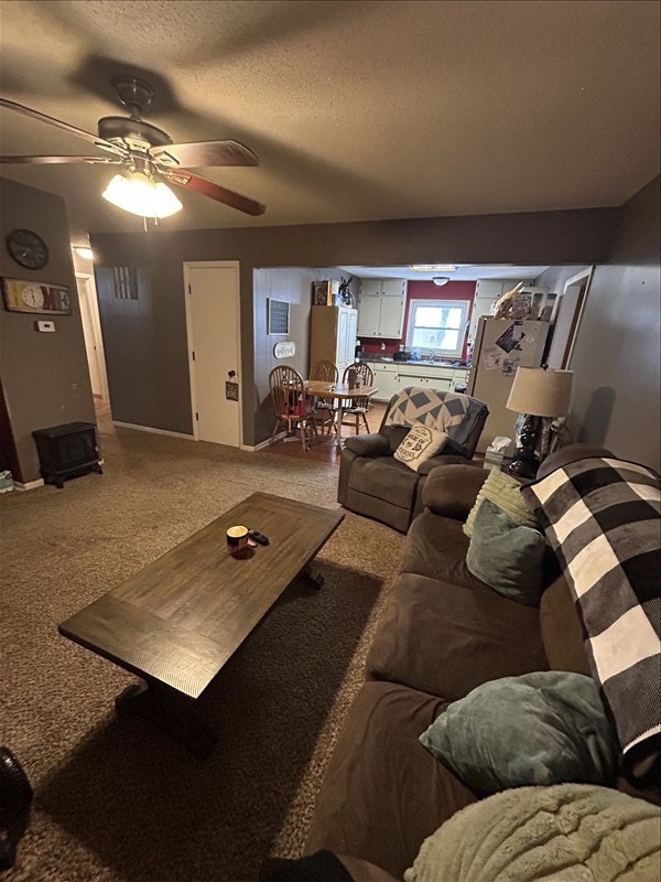 116 Adams St, Centralia, MO 65240 - living room featuring carpet, a textured ceiling, and ceiling fan