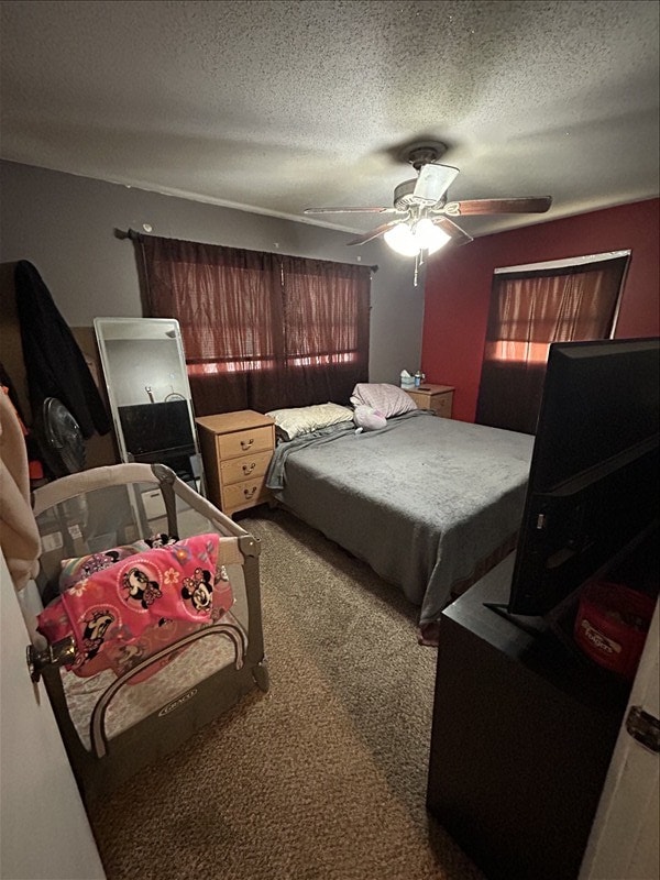 116 Adams St, Centralia, MO 65240 - carpeted bedroom with a textured ceiling and a ceiling fan