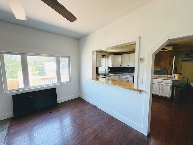 kitchen with dark wood-type flooring, white cabinetry, tasteful backsplash, and sink