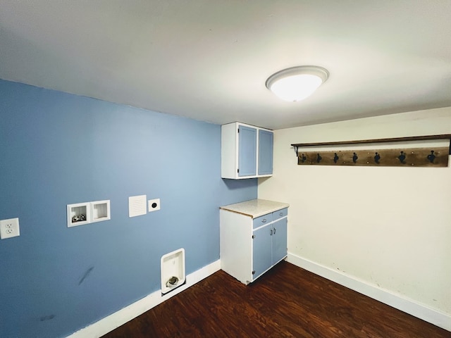 laundry room with dark wood-type flooring, cabinets, hookup for a washing machine, and electric dryer hookup