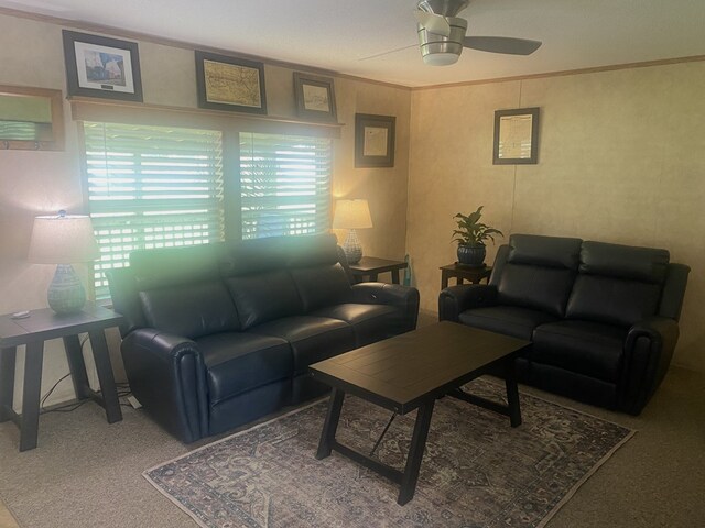 302 Mead St, Utica, MO 64686 - carpeted living room featuring crown molding and ceiling fan