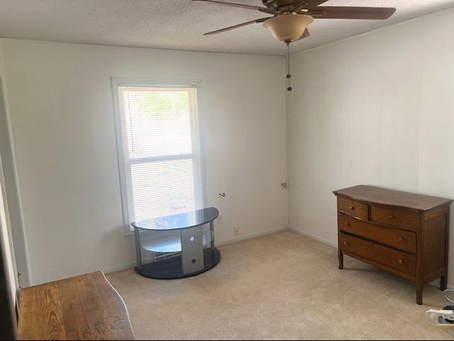 misc room featuring a textured ceiling, ceiling fan, and light carpet