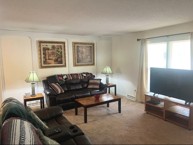 living room with carpet and a textured ceiling